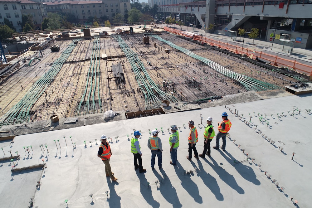 Construction site with crew and framework
