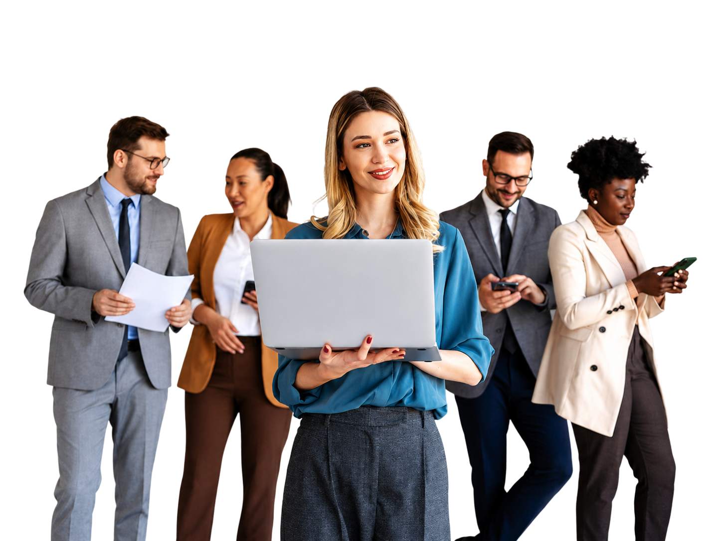 Business professionals with a woman holding a laptop
